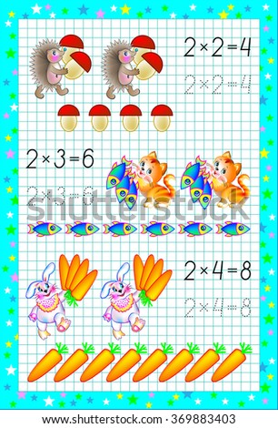 Page with exercises for children on a square paper. Developing skills for counting and multiplication. Vector image.