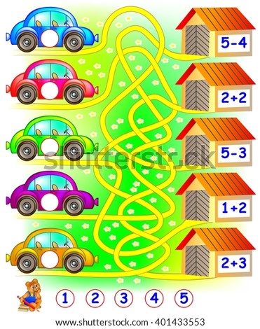 Exercises for children who needs to find the garage for each car and to write the numbers in relevant circles. Developing skills for counting. Vector image.