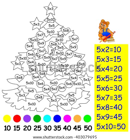 Exercise for children with multiplication by five - need to paint image in relevant color. Developing skills for counting and multiplication. Vector image.