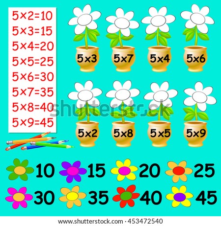 Exercise for children with multiplication by five - need to paint the flowers in relevant color. Developing skills for counting. Vector image.