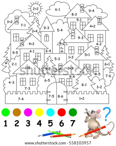 Educational page with exercises for children on addition and subtraction. Need to solve examples and to paint the image in relevant colors. Developing skills for counting. Vector image.