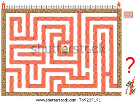 Logic puzzle game with labyrinth for children and adults. Help the princess get out of prison. Remove only two bricks and find the way to the exit. Vector image.