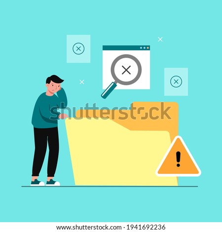 Young man use magnifying glass to find and lost data in empty folder, cyber data security online, Internet security and protection idea, software access data as confidential, flat vector illustration