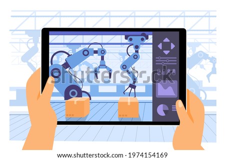 Human use tablet application as computer to control the robot arms working in procuction convoyed in the smart factory industry 4.0, high tech machinery, isolated flat illustration