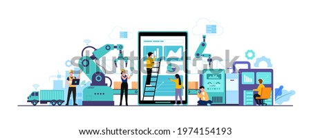 Smart Factory and working person using wireless technology to control. For workflow With clever device. infographic of industry 4.0 concept. Vector illustration 