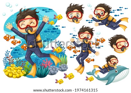 Bundle set of Young man in suit scuba diver with mask dives under the sea, Vector cartoon illustration of underwater landscape with ruins, stones, fishes and riding whale in diving suit with aqualung