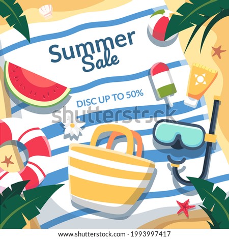 Summer sale discount 50%. Ariel View of the Seashore has a sheet that says Summer Sale 50% off on fabric includes snorkel, swim ring, sun cream, bag, ball, watermelon and ice cream. 