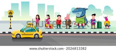 Taxi driver and taxi customers of the service. People queuing for taxis at a taxi stand in the city. Vacation and tourism concept vector illustration in flat style.