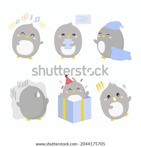 Expression of emotion concept set. Penguin in diffetent animal emotions. expression flat vector illustration cheerful, singing, misses, sleepy, bad, surprise, shocked 