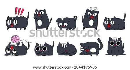 Expression of emotion concept set. Cat character in diffetent animal emotions. Facial expression flat vector illustration for game, chat, social media, publishing and books