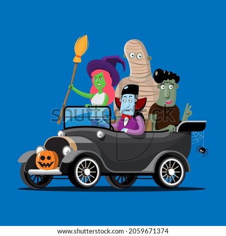 Happy Halloween monster character drive car for graphic designer use in webpage, poster, flyer such as witch, dracula, undead, mummy, pumpkin. Vector illustration flat style