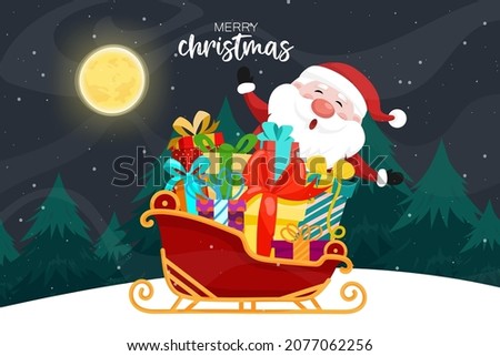 Santa Claus sled over snow at the Christmas night with full moon and snowy. Merry Christmas banner for Holiday cards, invitations and website celebration decoration.