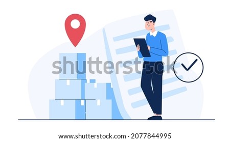 Warehouse workers check quantity and delivery of products from customers' purchase orders to deliver goods to the correct location. Vector illutration flat style