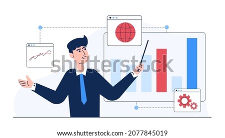 Expert marketing broker stock trader present stock market in year showing growth rates on board isolated. Cartoon finance analyst presenting data visualization in report