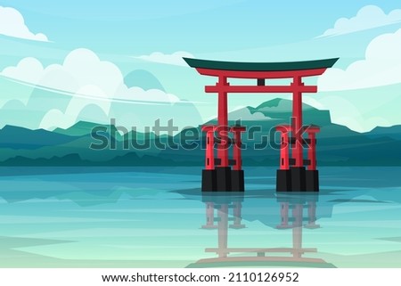 Beautiful scene with landscape of lakefront with torii gates in japan, design for postcard or travel poster, vector illustration
