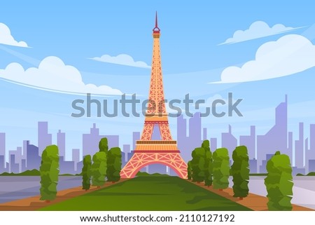 Beautiful scene with Eiffel Tower in Paris. World famous France tourist attraction symbol.International landmarks design postcard or travel poster, Vector illustration.