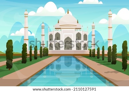 Beautiful scene with Taj Mahal in Mumbai. World famous Indian tourist attraction symbol.design postcard or travel poster, Vector illustration.