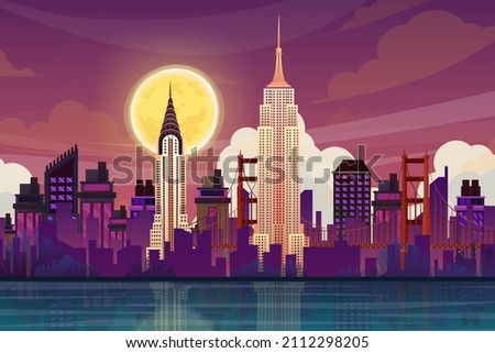 Beautiful scene with Chrysler Building and Empire State Building, World famous american tourist attraction symbol.International Architecture landmarks design postcard or travel poster, illustration.