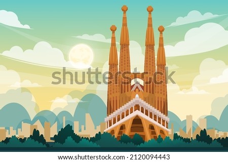 Beautiful scene of Sagrada Familia Gaudi Basilica in Barcelona famous monument of Spain, one of landmark tourist attraction design postcard or travel poster, Vector illustration