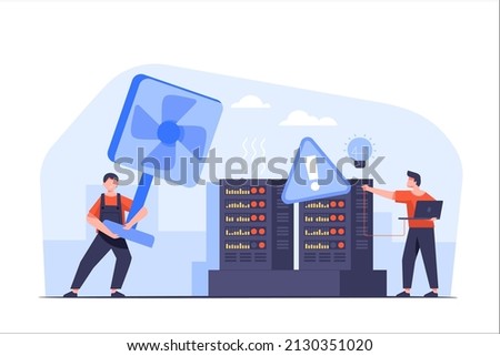 System critical failure alert system message. Data center view of server room with workers racks and heat removing system. High temperature overheat error