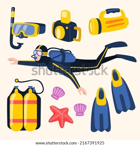 Young diver man in swiming suit with set of equipment for diving in cartoon profession style, vector illustration