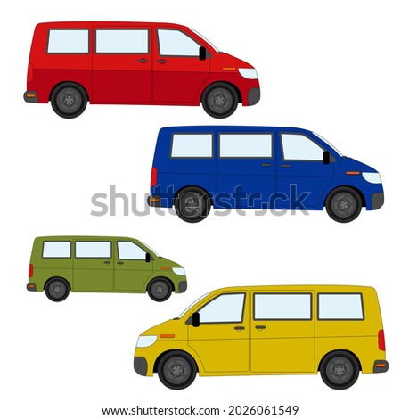 Set of red, blue, green, yellow van with strocke line