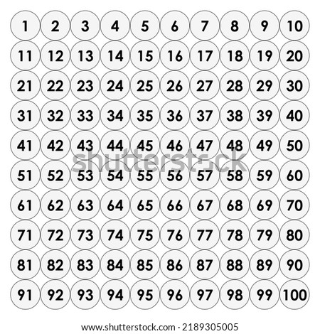 Vector numbers in circles ten by ten one hundred circles Magic Numbers encrypted pictures for children in the classroom in kindergarten on a white background