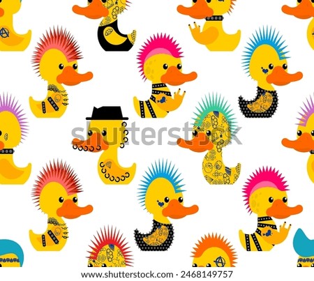 Rubber duck punk pattern seamless. Toy yellow duck punks background. Mohawk and tattoo. Anarchy and piercing texture