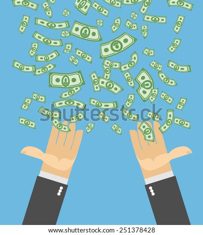 Hand catch money. Money rain. Falling money. Cash flow. Business illustration