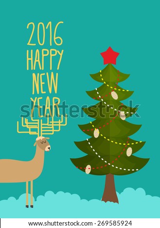 Christmas tree and deer. Holiday card for Christmas and new year. happy new year 2016. Vector illustration