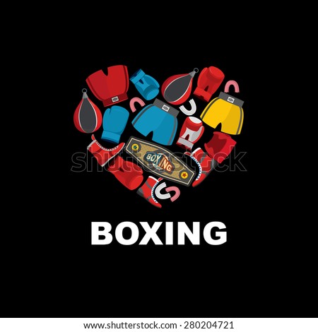 Symbol of the heart of boxing gear: helmet, shorts and boxing gloves. I love boxing.