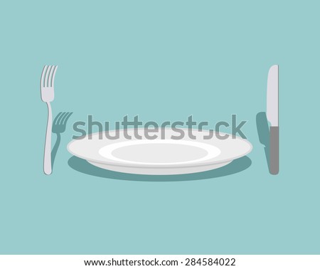 Cutlery: knife and fork, plate. On a green background. Rule table. Vector illustration
