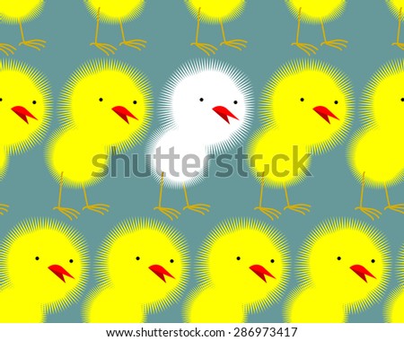 Yellow Chickens stand in a row and among them one white chick. Not like everyone else. Seamless vector background of little chickens
