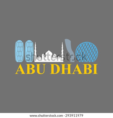 Abu Dhabi sign. Sight UAE. Skyscrapers and a mosque. Vector Flat design city skyline silhouette. Logo  landmarks in United Arab Emirates 
