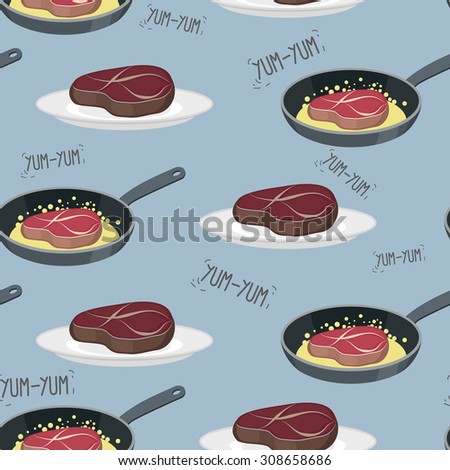 Cow steak on a plate. Pork steak on skillet. Seamless pattern from meat. Yum-Yum.  Background of Tenderloin