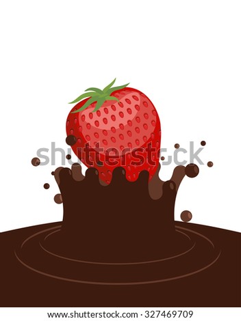 Red ripe strawberry drops in liquid hot chocolate. Splashes of chocolate on white background.