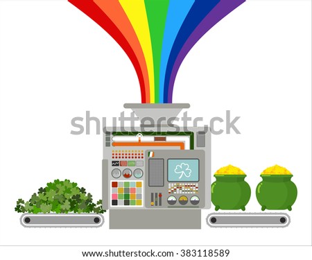 Production of gold leprechaun. Automatic line for fabulous industry. fabrication of treasures for St. Patricks day. Clover, trefoil in manufacture machine. Rainbow Magic feature golden coins in pot