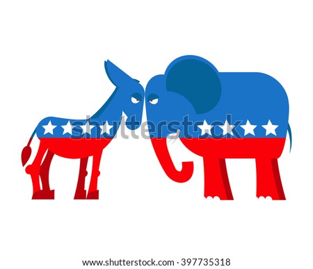 Donkey and elephant symbols political parties America. USA elections. Democrats against Republicans. Opposition American polic