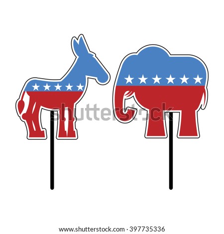 Elephant and donkey. Symbols of Democrats and Republicans. Political parties in United States. Illustration for election, debate America. USA flag