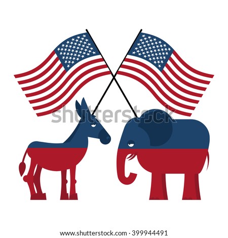 Elephant and donkey. Symbols of Democrats and Republicans. Political parties in America. USA flag