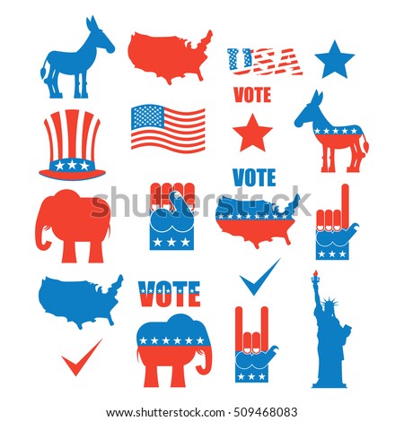American Elections icon set. Republican elephant and Democratic donkey. Symbols of political parties in America. Statue of Liberty and USA map. Fist and Uncle Sam hat