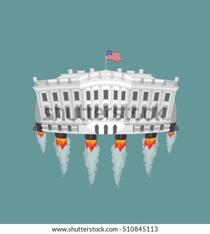 White house rocket turbine. USA President Residence in space. American National Palace flies. Government building connected to future. Fantastic main Landmarks Washington dc.
