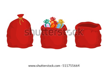 Red bag Santa Claus set. Large sack holiday for gifts. Big bagful for new year and Christmas
