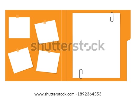 Open file folder with white leaf and sticky notes.Document case,paper case,notebook.Vector .