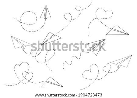 Set of paper airplane with heart . Flying airplane with dotted air route in heart. Hearted airplane path, flight air trace ,vector  in EPS 10.