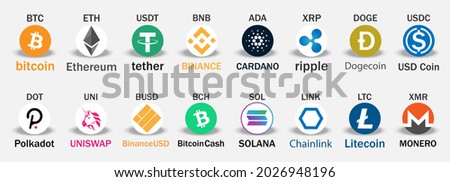 Set of Cryptocurrency vector logo .Collection of cryptocurrency tokens.Bitcoin, Ethereum, Binance, Tether, XRP, Polkadot, Cardano, Uniswap, Binance, Cardano,Chainlink,Dogecoin,USD Coin,Litecoin .