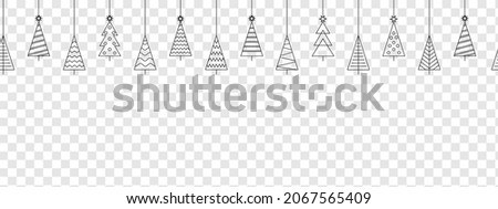 Christmas and New Year seamless banner or border. Vector Christmas tree set isolated on transparent background.Line black icon.