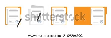 Open file folder with white leaf and sticky notes.Contract or document with text icon.Contract papers. Document, folder with stamp.Set of document case,paper case,notebook.Vector checklist.