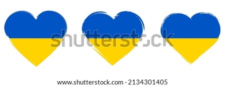 We Support Ukraine Sign.Set of Ukraine flag icons in the shape of heart .Save Ukraine.Stop War.Pray for Ukraine.