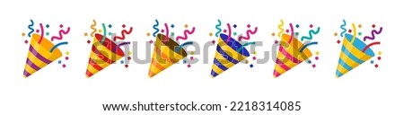 Party popper emoji icons in different colors.Confetti logo,congratulate and celebrate elements.Vector emoji party poppers set.Exploding cracker icon.